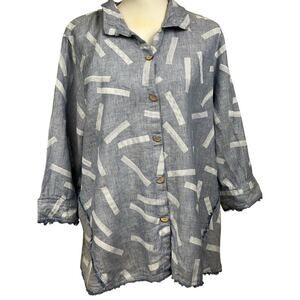 John Mark blue/white linen tunic, 1X, artsy, coastal, relaxed, earthy, Lagom